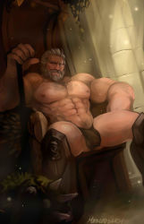 Rule 34 | 1boy, abs, armor, bara, beard, black male underwear, black panties, bulge, chest hair, commentary, english commentary, facial hair, greaves, grey hair, huge weapon, indoors, mace, male focus, male pubic hair, male underwear, manly, momo-deary, muscular, one-eyed, overwatch, overwatch 1, panties, pectorals, planted, pubic hair, reinhardt (overwatch), scar, scar across eye, scar on face, sitting, solo, spread legs, throne, topless male, underwear, weapon