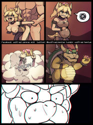 Rule 34 | 1boy, 1girl, ahegao, annoyed, arm grab, arm held back, armlet, bad id, bad tumblr id, bent over, big belly, black dress, blonde hair, blue eyes, blush, bowser, bowsette, bracelet, breasts, breasts out, chromatic aberration, clothed sex, collar, comic, commentary, crown, unworn crown, doggystyle, dress, drooling, english commentary, failure, fucked silly, genderswap, genderswap (mtf), happy sex, hasselnut, head out of frame, height difference, hetero, highres, holding another&#039;s wrist, impregnation, jewelry, large breasts, long hair, male pregnancy, manly, mario (series), muscular, new super mario bros. u deluxe, nintendo, nipples, no panties, open mouth, ponytail, pregnant, reptilian, rolling eyes, rough sex, saliva, sex, sex from behind, sharp teeth, shiny skin, silent comic, spiked collar, spiked shell, spikes, spoken squiggle, squiggle, strapless, strapless dress, super crown, tail, teeth, thighs, transformation, turtle shell, twitter username