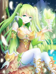 Rule 34 | 1girl, bare shoulders, breasts, detached sleeves, elf, fairy, grass, green eyes, green hair, long hair, looking at viewer, mao a mi mi, matching hair/eyes, original, pointy ears, solo, thighhighs, tree, twintails, two side up, water, white thighhighs, wings