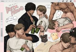 Rule 34 | 2boys, absurdres, alcohol, anal, ass, bara, black hair, black shirt, bottle, brown hair, character name, chbai s, chest hair, closed mouth, collared shirt, completely nude, english text, highres, holding, holding bottle, large pectorals, leon s. kennedy, looking at another, lying, lying on person, male focus, male penetrated, multiple boys, muscular, muscular male, nude, pectorals, resident evil, resident evil 3, resident evil 3: nemesis, resident evil 3 (remake), resident evil 4, sex, sex from behind, shirt, short hair, sleeping, smile, white shirt, yaoi