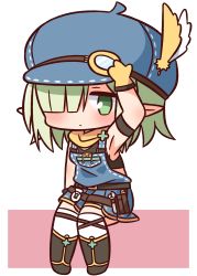Rule 34 | 1girl, aoi (mechanic) (princess connect!), aoi (princess connect!), arm up, armpits, bare shoulders, black footwear, black tank top, blue hat, blush, boots, cabbie hat, chibi, closed mouth, commentary request, feathers, full body, gloves, green eyes, green hair, hair over one eye, hana kazari, hat, hat feather, highres, looking at viewer, overall skirt, pink background, pointy ears, princess connect!, sitting, solo, tank top, thighhighs, thighhighs under boots, two-tone background, white background, white feathers, white thighhighs, yellow feathers, yellow gloves