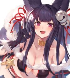 Rule 34 | 1girl, animal ears, bare shoulders, bell, black gloves, black hair, blush, breasts, cleavage, collarbone, erune, fang, fox ears, fox shadow puppet, fox tail, fur trim, gloves, granblue fantasy, hair bell, hair ornament, highres, jingle bell, large breasts, long hair, looking at viewer, open mouth, red eyes, simple background, smile, solo, tail, watao, white background, yuel (granblue fantasy)