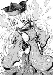 Rule 34 | 1girl, breasts, comic, cowboy shot, detached sleeves, greyscale, hand on own hip, hat, hidefu kitayan, large breasts, long hair, looking at viewer, matara okina, monochrome, simple background, skirt, smile, solo, tabard, touhou, very long hair