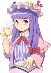 Rule 34 | 1girl, bad id, bad pixiv id, book, cup, female focus, hat, mob cap, mug, o3o, patchouli knowledge, purple eyes, purple hair, sil, simple background, solo, supershiruco, touhou, white background