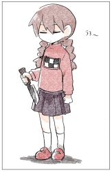 Rule 34 | 1girl, bad id, bad pixiv id, black border, border, braid, brown hair, closed eyes, full body, holding, holding knife, holding weapon, kitchen knife, knife, long hair, long sleeves, madotsuki, mary janes, pink shirt, pleated skirt, red footwear, shirt, shoes, simple background, siraiyuuhi, skirt, socks, solo, standing, sweater, twin braids, weapon, white background, white socks, yume nikki