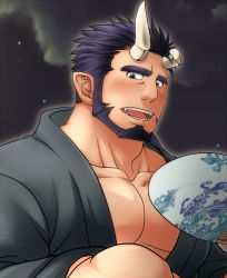 Rule 34 | 1boy, alternate costume, bara, beard, black hair, black kimono, blush, broken horn, demon boy, demon horns, facial hair, fangs, hand fan, holding, holding fan, horns, japanese clothes, kimono, live a hero, looking at viewer, pectoral cleavage, male focus, mature male, moonlight, muscular, muscular male, nessen (live a hero), night, night sky, pectorals, short hair, sky, solo, sunfight0201, thick eyebrows, upper body