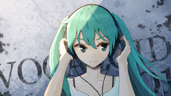 Rule 34 | 1girl, anyotete, aqua eyes, aqua hair, arms up, bad id, bad pixiv id, collarbone, copyright name, hair between eyes, hands on headphones, hatsune miku, headphones, highres, looking to the side, short sleeves, smile, solo, twintails, upper body, vocaloid