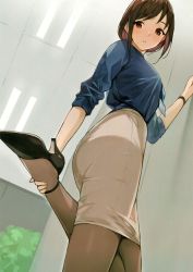 Rule 34 | 1girl, :o, absurdres, ankle strap, ass, blush, breasts, brown eyes, brown hair, collared shirt, doushimasho, from below, high heels, highres, id card, indoors, leg up, looking at viewer, low ponytail, medium breasts, medium hair, mole, mole under mouth, office lady, original, pantyhose, parted lips, pencil skirt, ponytail, scan, shirt, skirt, sleeves rolled up, solo, standing, standing on one leg, strappy heels, swept bangs, third-party source, watch