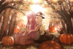 Rule 34 | 2girls, absurdres, autumn, autumn leaves, blonde hair, blue bow, blue ribbon, bow, braid, commentary request, crescent, crescent pin, dress, dress shirt, forest, hair bow, hat, hat bow, hat ribbon, highres, huge filesize, kirisame marisa, light, midriff, multiple girls, nature, necktie, one eye closed, open mouth, patchouli knowledge, pumpkin, purple bow, purple eyes, purple hair, purple neckwear, ribbon, shirt, sly930105, smile, sunlight, touhou, tree, white bow, witch hat, yellow eyes, yuri