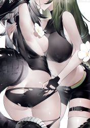Rule 34 | 2girls, absurdres, arknights, arm up, armpits, ass, asymmetrical docking, bare arms, bare shoulders, belt, black gloves, black legwear, black panties, black shorts, breast press, breasts, butt crack, chinese commentary, commentary request, covered erect nipples, crocodilian tail, crop top, female focus, fingerless gloves, flower, from behind, gavial (arknights), gloves, gradient hair, green hair, grey hair, hair intakes, hand on another&#039;s back, hand up, head out of frame, highres, imminent kiss, large breasts, leaning forward, long hair, medium breasts, midriff, multicolored hair, multiple girls, no bra, panties, parted lips, partial commentary, short shorts, shorts, simple background, single glove, skindentation, sleeveless, stomach, sweat, tail, thigh strap, thighhighs, thighs, tomimi (arknights), torn clothes, underwear, white background, white flower, white legwear, yuri, yushe quetzalli