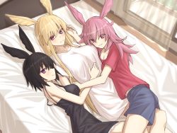 Rule 34 | 3girls, bed, black dress, black hair, blonde hair, blue shorts, blush, breasts, collarbone, commentary request, dress, elfenlied22, fate/grand order, fate (series), hair between eyes, head wings, hildr (fate), hug, large breasts, long hair, looking at viewer, lying, multiple girls, naked shirt, on back, on bed, on side, ortlinde (fate), pink hair, pink shirt, red eyes, shirt, short dress, short hair, shorts, smile, spaghetti strap, thrud (fate), valkyrie (fate), very long hair, white shirt, window, wings