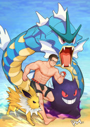 Rule 34 | 1boy, abs, absurdres, bara, barefoot, black male swimwear, black swim briefs, blue sky, bulge, closed mouth, clothing cutout, commentary, commission, creatures (company), crotchless, crotchless swimsuit, day, denim, electricity, english commentary, facial hair, fangs, floating, full body, game freak, gen 1 pokemon, gengar, giant, grin, gyarados, highres, holding, holding poke ball, jeans, jolteon, male focus, male swimwear, muscular, muscular male, navel, nintendo, nipples, original, pants, pectorals, peterhl, poke ball, poke ball (basic), pokemon, pokemon (creature), running, shoes, short hair, sideburns, sky, smile, sneakers, stubble, swim briefs, swimsuit, teeth, thigh cutout, thighs