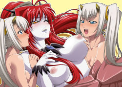 Rule 34 | 3girls, black nails, blue eyes, blue skin, blush, breasts, colored skin, demon girl, happy, horns, huge breasts, isse, japanese clothes, large breasts, long hair, multiple girls, nail polish, nipples, oni, original, pale skin, red hair, twintails, white hair, yuri