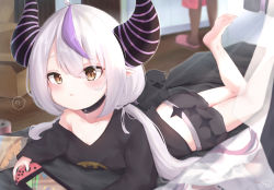 Rule 34 | 1girl, ?, alternate hairstyle, black choker, blush, brown eyes, casual, choker, demon girl, demon horns, grey hair, hololive, horns, la+ darknesss, long hair, looking at viewer, loungewear, low twintails, multicolored hair, nintendo switch, pointy ears, puckered lips, purple hair, slit pupils, solo, spoken question mark, streaked hair, striped horns, tenmon (tenmon0715), twintails, very long hair, virtual youtuber