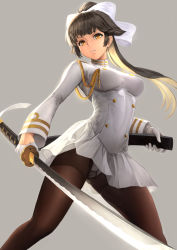 Rule 34 | 1girl, aiguillette, azur lane, blonde hair, blush, bow, breasts, brown pantyhose, cameltoe, fighting stance, gloves, grey background, gusset, hair bow, high ponytail, highres, holding, holding sword, holding weapon, katana, large breasts, legs apart, long hair, long sleeves, looking at viewer, military, military uniform, miniskirt, panties, panties under pantyhose, pantyhose, pantyshot, parted lips, sheath, simple background, skirt, standing, sword, takao (azur lane), tareme, two side up, underwear, uniform, unsheathed, upskirt, very long hair, weapon, white bow, white gloves, white panties, white skirt, yamaneko (tkdrumsco), yellow eyes
