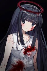 Rule 34 | 1girl, absurdres, arms at sides, bare shoulders, black background, black eyes, black hair, blood, blood drop, blood halo, blood on arm, blood on clothes, blood on face, blunt bangs, blunt ends, blush, bow, closed mouth, dress, frilled dress, frills, halo, highres, light smile, liquid halo, long hair, looking at viewer, mahigu re, sidelocks, simple background, solo, split mouth, straight hair, subarashiki hibi, sundress, takashima zakuro, upper body, very long hair, white bow, white dress