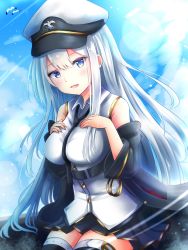 Rule 34 | 1girl, azur lane, black thighhighs, blouse, breasts, commentary request, day, enterprise (azur lane), hat, highres, legs together, long hair, looking at viewer, military, military uniform, miniskirt, naval uniform, necktie, outdoors, peaked cap, pleated skirt, renka (cloudsaikou), shirt, silver hair, sitting, skirt, solo, thighhighs, uniform, white shirt, zettai ryouiki