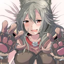 Rule 34 | 10s, 1girl, animal ears, animal hands, blush, cat ears, cat paws, claw pose, claws, erune, granblue fantasy, grey hair, highres, kuromu (underporno), looking at viewer, lying, on back, open mouth, red eyes, sen (granblue fantasy), smile, solo, tongue, tongue out