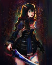 Rule 34 | 1girl, black hair, bloodstained: ritual of the night, blue eyes, breasts, brown hair, detached sleeves, gauntlets, gradient hair, hair between eyes, hair ornament, highres, horns, looking at viewer, miriam (bloodstained), mordra, multicolored hair, pale skin, short hair, solo, stained glass, sword, tattoo, weapon