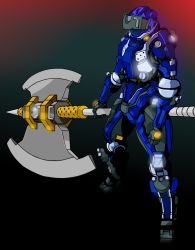 Rule 34 | 1boy, all you need is kill, armor, axe, full body, gradient background, male focus, power armor, solo, weapon