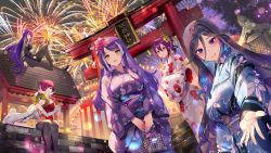Rule 34 | 6+girls, black hair, black legwear, blonde hair, blue eyes, breasts, dress, earrings, fireworks, flower, hair flower, hair ornament, happy, houchi shoujo, japanese clothes, jewelry, kimono, lantern, lips, long hair, looking at viewer, multiple girls, night, on roof, outstretched arm, purple eyes, purple hair, rabbit tail, red eyes, red hair, sash, side slit, smile, standing, summer, summer festival, tail, thighhighs, yellow eyes, yoshimoto (dear life)