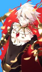 Rule 34 | 1boy, 92 (artist), bishounen, black bodysuit, blue background, blue eyes, bodysuit, cape, chest jewel, collar, covered navel, earrings, fate/grand order, fate (series), gem, hair between eyes, highres, jewelry, karna (fate), looking at viewer, makeup, male focus, necklace, parted lips, simple background, smile, solo, spiked collar, spikes, torn clothes, white hair