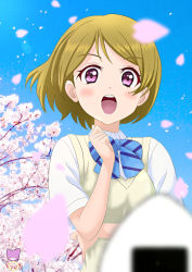 Rule 34 | 1girl, aqua bow, artist name, artist request, blue bow, blue sky, blush, bow, bowtie, branch, breasts, brown hair, close-up, cloud, collared shirt, day, dress, female focus, floating hair, food, hair between eyes, highres, koizumi hanayo, love live!, love live! school idol project, medium breasts, onigiri, otonokizaka school uniform, outdoors, parted lips, petals, pink petals, purple eyes, school uniform, shirt, short hair, short sleeves, sky, smile, solo, striped, striped bow, sweater vest, tree, upper body, vest, white shirt, yellow vest