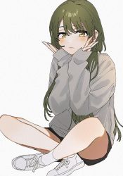 Rule 34 | 1girl, black shorts, blush, expressionless, full body, green hair, grey shirt, hands on own cheeks, hands on own face, head rest, idolmaster, idolmaster shiny colors, indian style, iwawa, long hair, long sleeves, looking at viewer, nanakusa nichika, shirt, shorts, simple background, sitting, solo, white background, white footwear