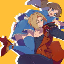 Rule 34 | 1boy, 1girl, 6v6 1212, ass, blonde hair, blue eyes, brown hair, capelet, carrying, carrying over shoulder, castlevania (series), castlevania: portrait of ruin, charlotte aulin, coat, embarrassed, from behind, green eyes, grin, hair over one eye, high heels, highres, jonathan morris, long hair, looking at viewer, one eye closed, open mouth, pants, shiny clothes, shiny skin, short hair, skirt, smile, sweatdrop, thighhighs, wink