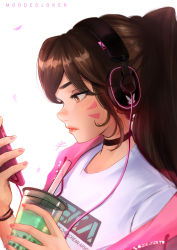 Rule 34 | 1girl, black choker, bracelet, brown eyes, brown hair, bubble tea, cable, casual, cellphone, choker, commentary, cup, d.va (overwatch), disposable cup, drinking straw, english commentary, facial mark, fingernails, from side, hair pulled back, headphones, highres, hood, hood down, hoodie, jewelry, lips, listening to music, long hair, looking at phone, moddedjoker, nail polish, open clothes, open hoodie, overwatch, petals, phone, pink hoodie, pink nails, ponytail, print shirt, shirt, smartphone, solo, whisker markings, white background, white shirt