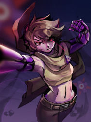 Rule 34 | 1girl, agent black, bad id, bad pixiv id, belt, brown eyes, brown hair, commentary request, cowboy shot, glowing, glowing eye, mechanical arms, midriff, mine-strone, pants, scarf, solo, spoiler check, spoilers, tank top, the iconoclasts, veins