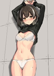 Rule 34 | 1girl, arknights, arms up, bdsm, black hair, black sweater, blush, bondage, bound, bound wrists, bra, breasts, cleavage, clothes lift, cowboy shot, highres, long sleeves, looking ahead, looking at viewer, magallan (arknights), medium breasts, multicolored hair, navel, no pants, panties, parted lips, restrained, short hair, sigm@, sketch, solo, stomach, streaked hair, sweater, sweater lift, tears, two-tone hair, underwear, variant set, white bra, white hair, white panties, yellow eyes