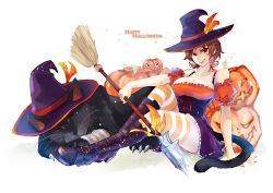 Rule 34 | 1girl, aa2233a, arm support, bewitching nidalee, boots, breasts, broom, brown hair, cat, closed eyes, earrings, feathers, halloween, hat, jack-o&#039;-lantern, jewelry, large breasts, league of legends, looking at viewer, nidalee, patterned legwear, polearm, red eyes, short hair, sitting, sleeing, sleeping, socks, solo, spear, striped clothes, striped socks, striped thighhighs, thighhighs, two-tone stripes, weapon, witch, witch hat
