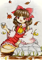 Rule 34 | 1girl, absurdres, ascot, bare shoulders, barefoot, blunt bangs, bow, breasts, brown hair, derivative work, detached sleeves, falling leaves, frilled ascot, frilled bow, frilled shirt collar, frilled skirt, frills, full body, hair bow, hakurei reimu, happy, highres, indian style, leaf, long sleeves, looking at viewer, medium hair, monodoku, outdoors, parted lips, red bow, red eyes, red shirt, red skirt, rock, shirt, simple background, sitting, skirt, small breasts, touhou, traditional media, white background, white sleeves, wide sleeves, yellow ascot, zun (style)