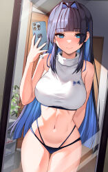 Rule 34 | 1girl, arm behind back, bikini, bikini bottom only, blue eyes, blue hair, blue nails, blunt bangs, boros (ouro kronii), breasts, cellphone, cellphone charm, charm (object), cleavage, commentary, cowboy shot, crop top, detached sleeves, english commentary, hair intakes, hand up, highres, holding, holding phone, hololive, hololive english, indoors, iphone, large breasts, lessone, light smile, long hair, looking at mirror, looking at viewer, mirror, navel, official alternate hair length, official alternate hairstyle, ouro kronii, ouro kronii (casual), phone, plant, reflection, selfie, shoe rack, skindentation, smartphone, solo, stomach, swimsuit, thigh gap, thighs, very long hair, virtual youtuber