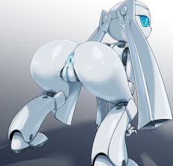 Rule 34 | all fours, anus, ass, bent over, blue eyes, colored skin, drossel von flugel, fireball (series), full body, highres, looking back, pochincoff, pussy, robot, solo, squatting, twintails, white skin