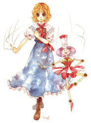 Rule 34 | 1girl, alice margatroid, blonde hair, book, boots, capelet, doll, hairband, painting (medium), puppet strings, shiroma (mamiko), touhou, traditional media, watercolor (medium), yellow eyes
