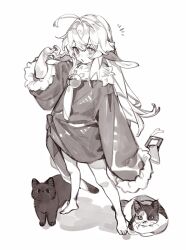 Rule 34 | 1girl, absurdres, ahoge, animal ears, barefoot, bell, cat, check copyright, chinese commentary, commentary request, copyright request, from above, full body, fur-trimmed jacket, fur-trimmed sleeves, fur trim, hair intakes, hand up, heterochromia, highres, jacket, jingle bell, legs apart, long hair, long sleeves, looking at viewer, mafuin da, monochrome, neck bell, open mouth, original, sepia, simple background, solo, standing, white background