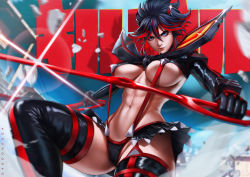 Rule 34 | abs, black hair, blue eyes, boots, breasts, closed mouth, covered erect nipples, dandon fuga, hair between eyes, highres, kill la kill, large breasts, living clothes, looking at viewer, matoi ryuuko, microskirt, midriff, multicolored hair, muscular, navel, pleated skirt, revealing clothes, scissor blade (kill la kill), short hair, skirt, solo, streaked hair, suspenders, thigh boots, thighhighs, thighs, two-tone hair, underboob