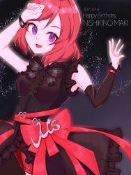 Rule 34 | 1girl, artist name, artist request, bare shoulders, black bow, black bracelet, black dress, black skirt, blush, bow, bracelet, breasts, dress, female focus, frilled dress, frills, hair between eyes, heart, heart (symbol), heart print, highres, jewelry, looking at viewer, love live!, love live! school idol project, medium breasts, nail, nail polish, nishikino maki, outstretched arms, parted lips, pink nails, pink nails, purple eyes, red hair, red ribbon, red shorts, ribbon, short hair, shorts, shorts under skirt, single sleeve, skirt, smile, solo