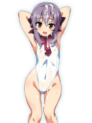 Rule 34 | armpits, blush, breasts, brown eyes, bukkake, covered navel, cum, groin, hair ornament, hair ribbon, heart, heart-shaped pupils, hiiragi shinoa, looking at viewer, nipples, open mouth, ouhashi, owari no seraph, purple hair, ribbon, see-through, simple background, small breasts, smile, solo, sweat, swimsuit, symbol-shaped pupils, white background