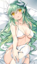 Rule 34 | 1girl, bare shoulders, bikini, blush, breasts, cleavage, collarbone, dragon girl, dragon horns, fate (series), green hair, highres, horns, kiyohime (fate), large breasts, long hair, looking at viewer, morizono shiki, parted lips, smile, solo, swimsuit, thighhighs, thighs, underboob, white bikini, white thighhighs, yellow eyes