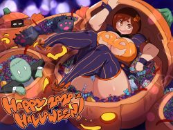 Rule 34 | 1girl, absurdres, breasts, brown eyes, brown hair, candy, cleavage, food, hair ornament, hairclip, halloween, halloween costume, high heels, highres, huge breasts, lightsource, looking at viewer, open mouth, plump, purin (lightsource), short hair, smile, thick eyebrows, thick thighs, thigh squish, thighhighs, thighs, wide hips