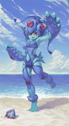 Rule 34 | 00s, 1girl, beach, blue skin, breasts, calamaramon, cameo, clothing cutout, cloud, colored skin, day, digimon, digimon (creature), digimon frontier, fins, fish girl, frog girl, helmet, highres, horizon, medium breasts, monster girl, navel, navel cutout, ocean, one-piece swimsuit, outdoors, ranamon, red eyes, salute, sasasi, sky, smile, solo, swimsuit