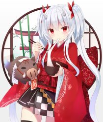 Rule 34 | 1girl, bamboo, black skirt, black thighhighs, blush, boar, bow, chinese zodiac, chopsticks, commentary request, cowboy shot, cup, eating, floral print, food, hair between eyes, hair bow, hair ornament, highres, holding, holding chopsticks, holding cup, horns, japanese clothes, kimono, kimono skirt, long hair, mochi, oni, oni horns, original, red eyes, red kimono, red sash, round window, sash, shuuichi (gothics), skirt, solo, tareme, thighhighs, torii, twintails, very long hair, white background, white hair, wide sleeves, window, year of the pig