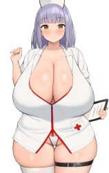 Rule 34 | 1girl, blunt bangs, blush, breasts, cleavage, clipboard, hand up, hat, huge breasts, mole, mole on breast, neneneji, nurse, nurse cap, original, panties, plump, purple hair, single thighhigh, skindentation, solo, thick thighs, thigh gap, thigh strap, thighhighs, thighs, underwear, white background, yellow eyes