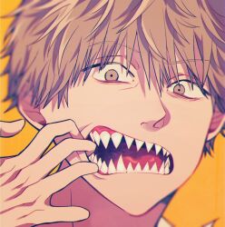 Rule 34 | 1boy, blurry, brown eyes, chainsaw man, close-up, commentary request, denji (chainsaw man), depth of field, highres, light brown hair, llq9ull, male focus, mouth pull, open mouth, orange background, portrait, sharp teeth, solo, teeth, tongue