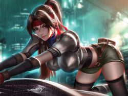 Rule 34 | 1girl, armor, belt, black thighhighs, blurry, blurry background, boobplate, breastplate, breasts, brown eyes, brown hair, final fantasy, final fantasy vii, final fantasy vii remake, gloves, headband, impossible armor, jessie rasberry, large breasts, liang xing, lips, long hair, looking at viewer, midriff, night, ponytail, rain, red headband, shorts, shoulder armor, signature, solo, square enix, thighhighs