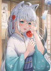 Rule 34 | 1girl, absurdres, ahoge, animal ear fluff, animal ears, blush, braid, breasts, candy, candy apple, commentary request, earrings, food, fox ears, fox girl, fox tail, green eyes, green nails, hair between eyes, hair ornament, highres, holding, holding candy, holding food, hololive, japanese clothes, jewelry, kimono, long hair, looking at viewer, miteiru (shirakami fubuki), nail polish, obi, open mouth, outdoors, rimamo, sash, shirakami fubuki, shirakami fubuki (new year), sidelocks, single braid, sliding doors, small breasts, solo, tail, tongue, tongue out, virtual youtuber, white hair, white kimono, wind chime