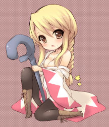 Rule 34 | 1girl, agrias oaks, blonde hair, boots, braid, braided ponytail, breasts, brown eyes, cleavage, female focus, final fantasy, final fantasy tactics, long hair, pantyhose, pocopoco, robe, single braid, sitting, solo, staff, white mage, white mage (fft), white mage (final fantasy)